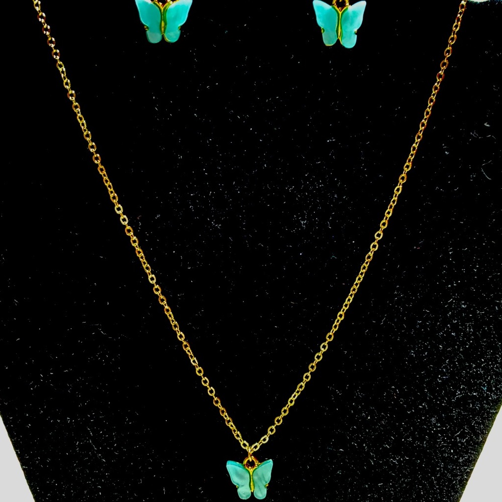 Blue and Gold Butterfly Necklace and Earrings Set